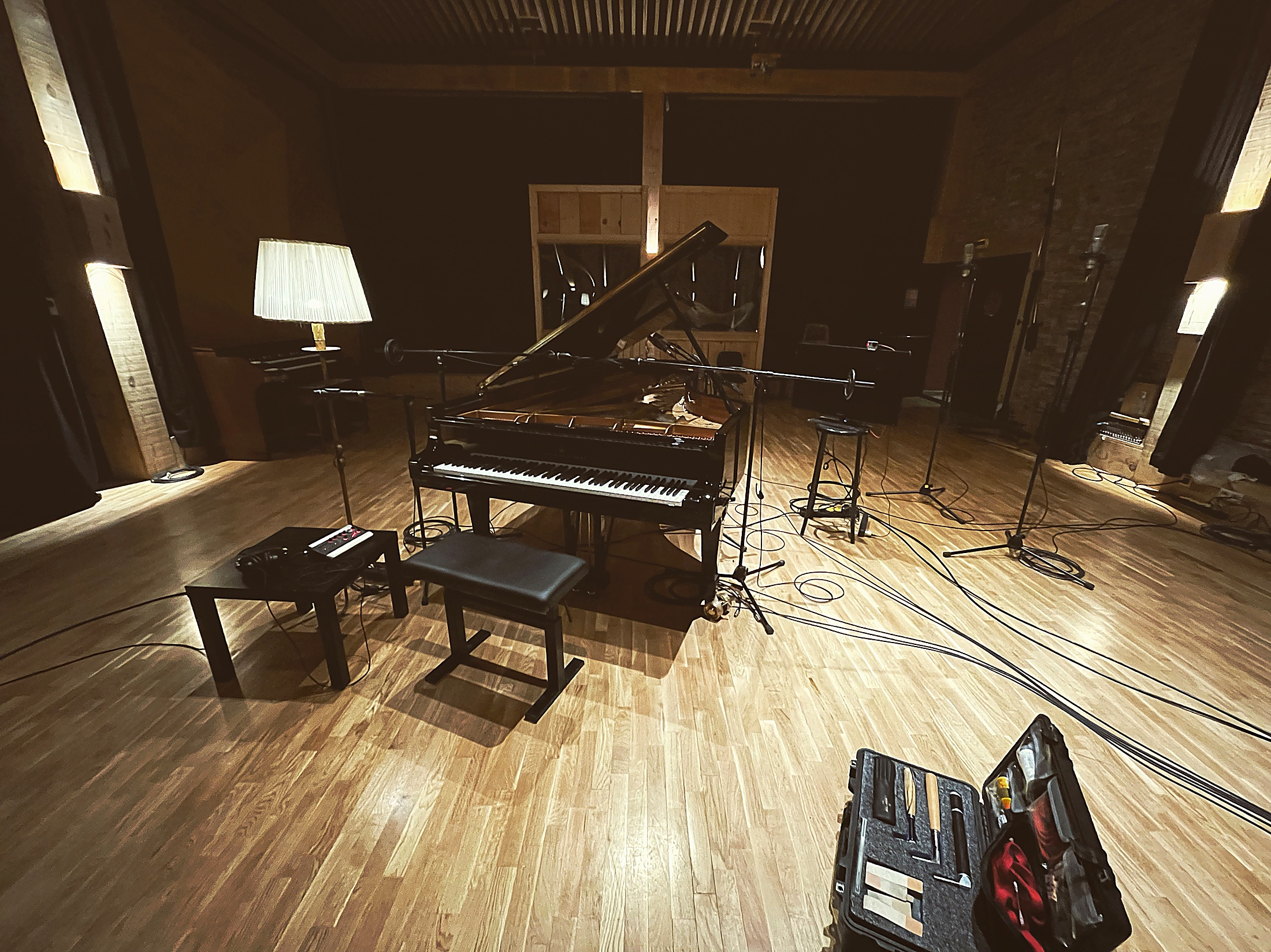 Grand piano prepared for recording session